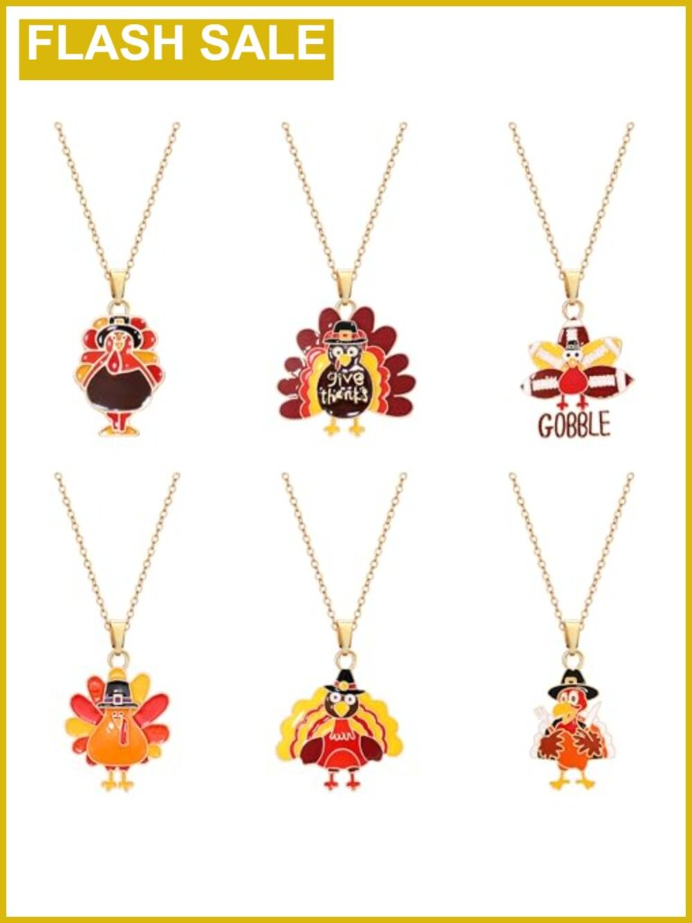 6 Pc Thanksgiving Turkey Pendant Necklaces Gold Zinc Set